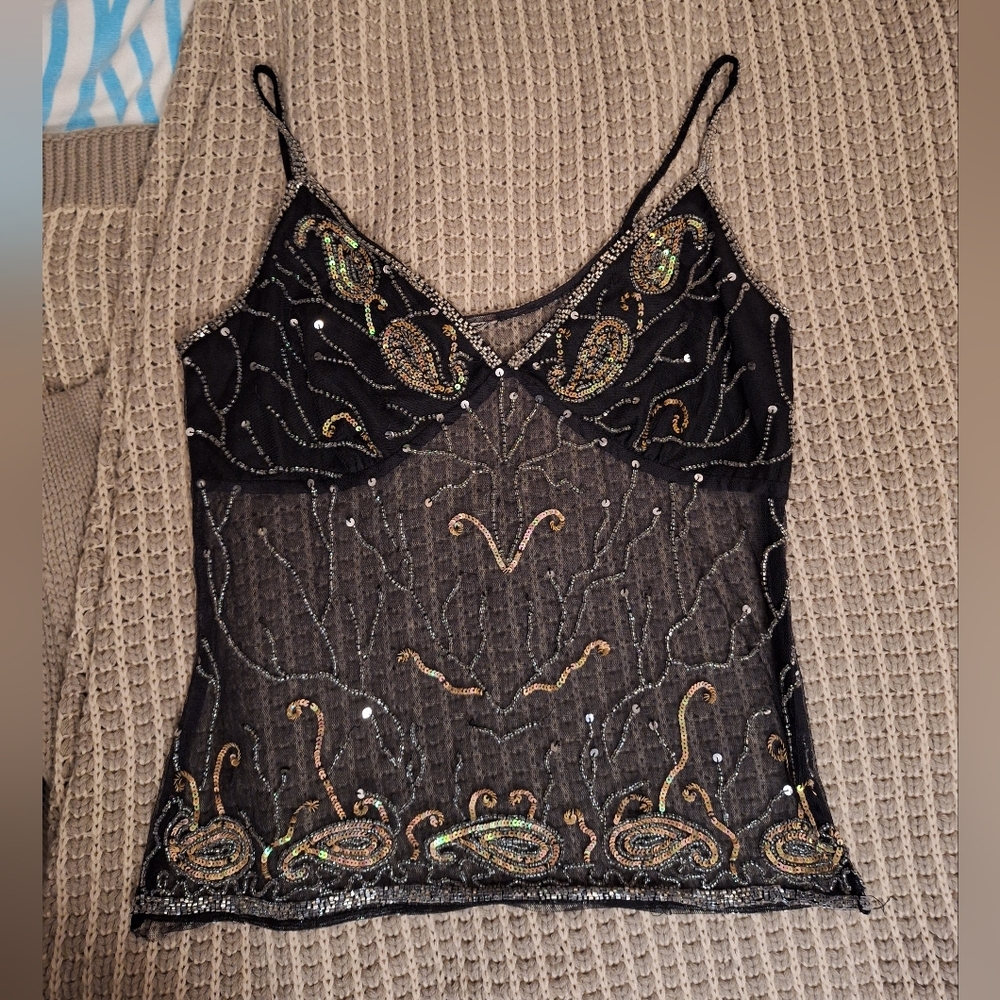 Black See Through Beaded Sparkle Top